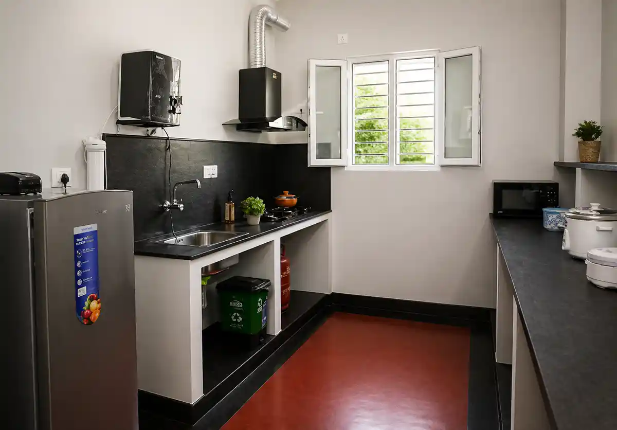 Equipped kitchen in the apartment at Surya Villa near Auroville