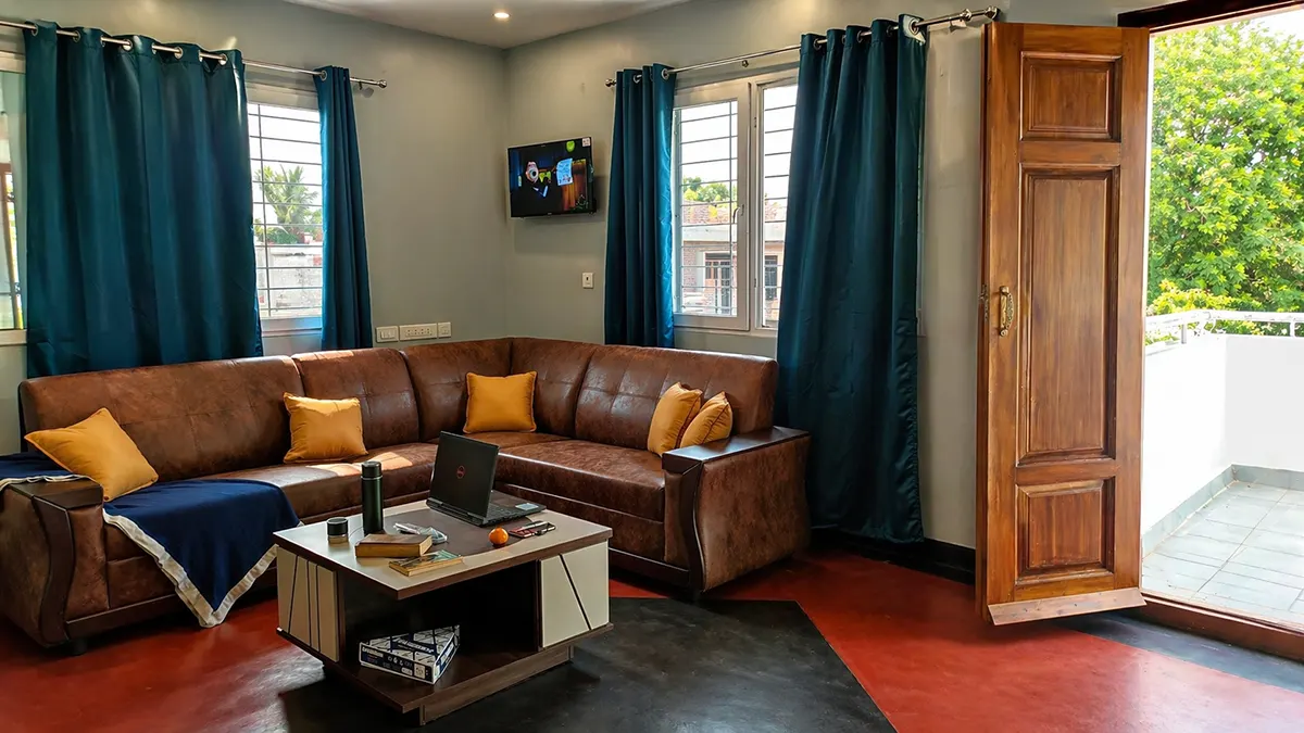 Spacious apartment living room at Surya Villa in Auroville