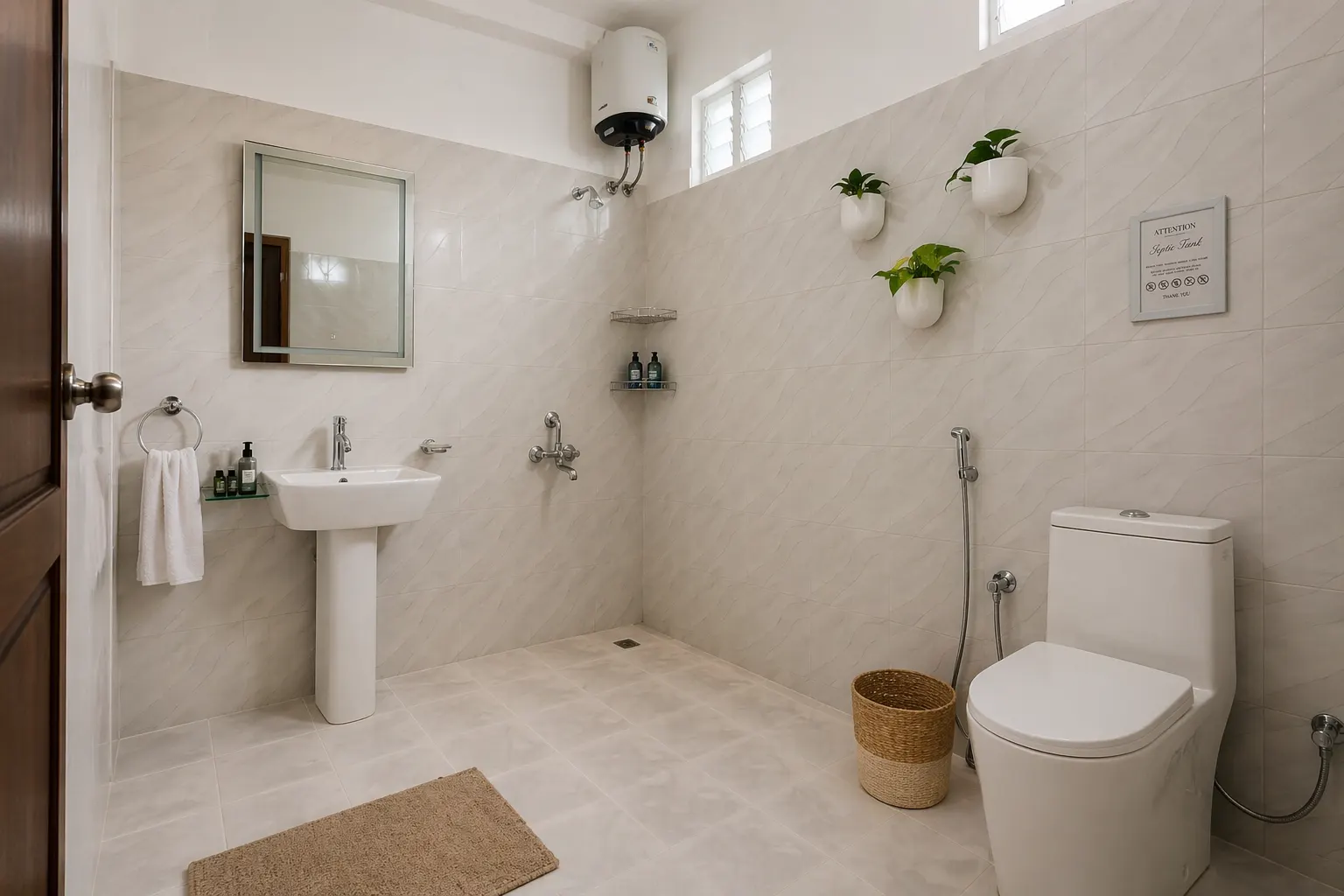 Clean bathroom with toilet, small window and wall plants, natural light at Surya Villa