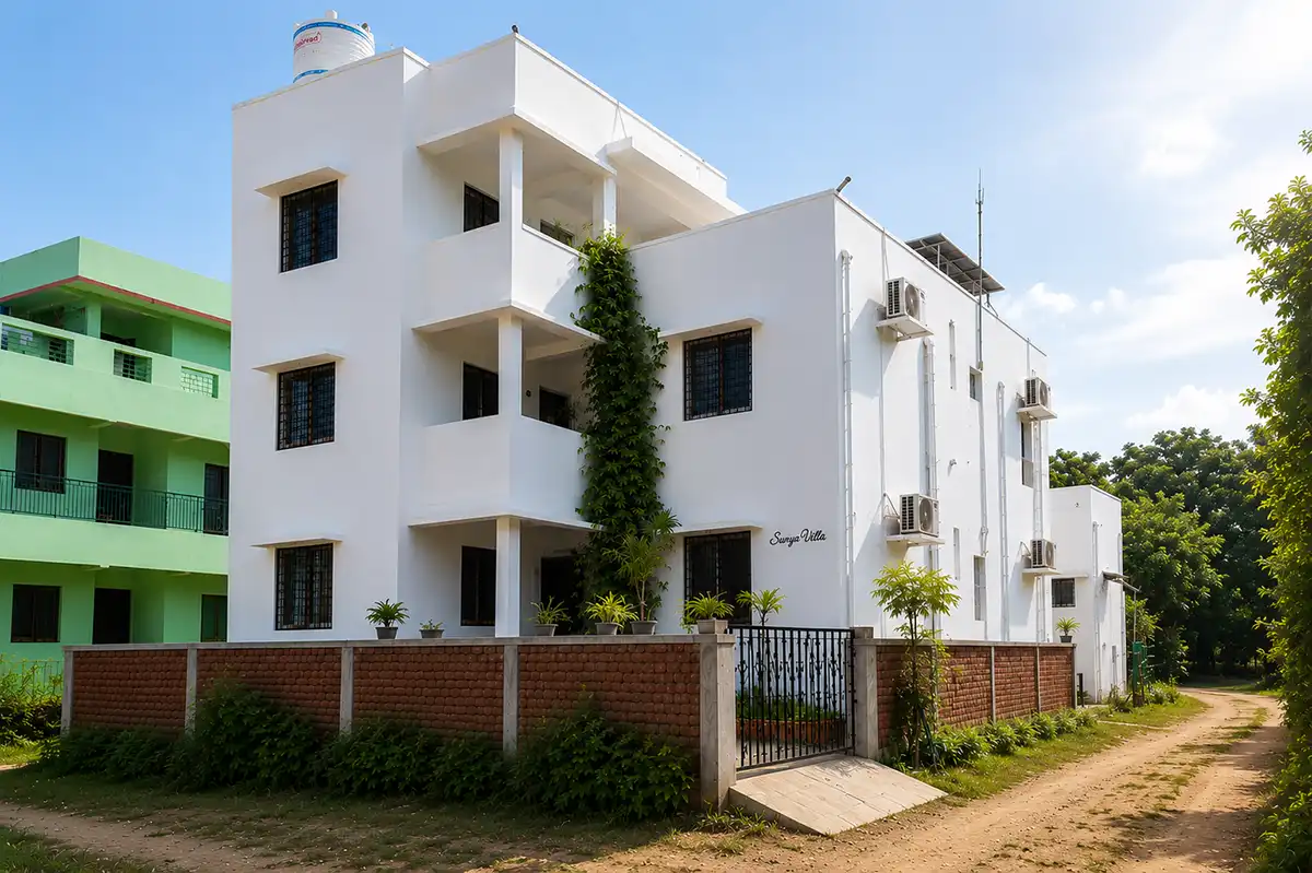 Exterior view of Surya Villa guest house near Auroville