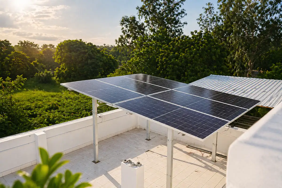 Solar panels at Surya Villa guest house near Auroville