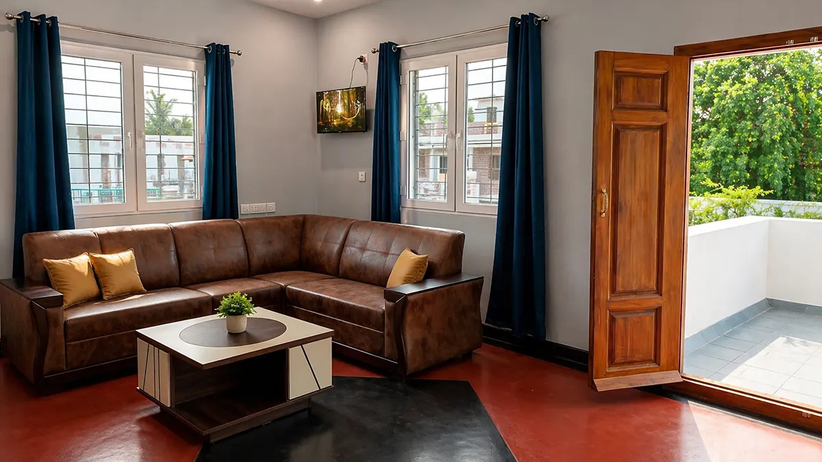 Apartment living room at Surya Villa guest house in Auroville